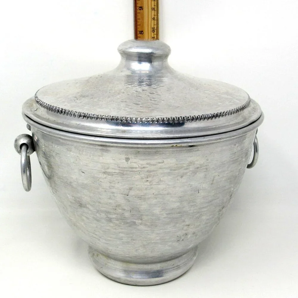 Hammered Aluminum Ice Bucket Gailstyn Vintage USA 9 X 8in Ring Handles Tongs